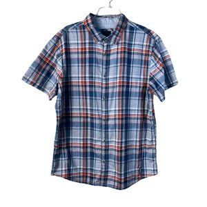 Prana Men’s Size L Short Sleeve Collared Button Up Shirt Red Blue Plaid Cotton